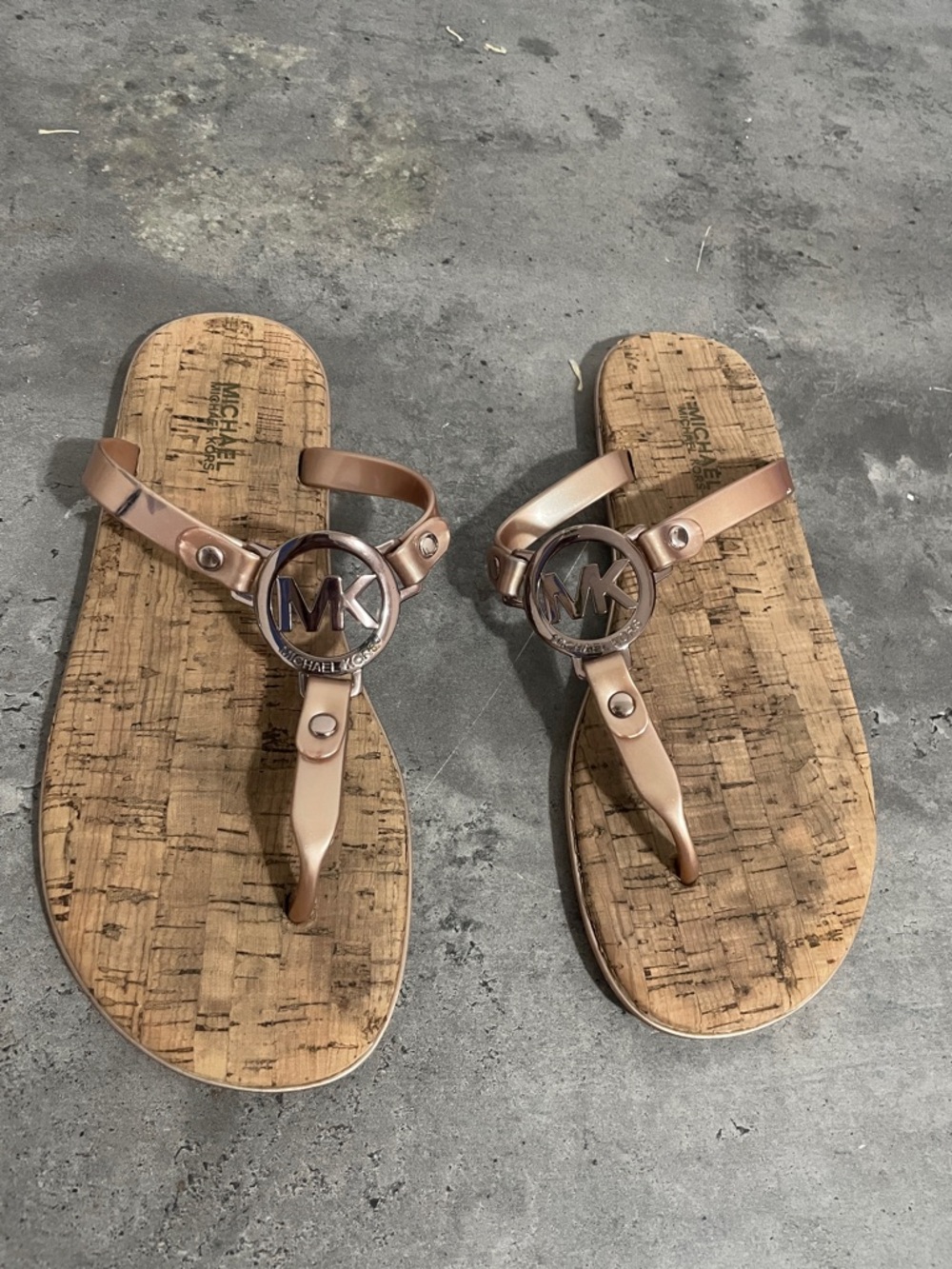 Metallic Rose Gold MK Logo Cork-Effect Thong Sandals